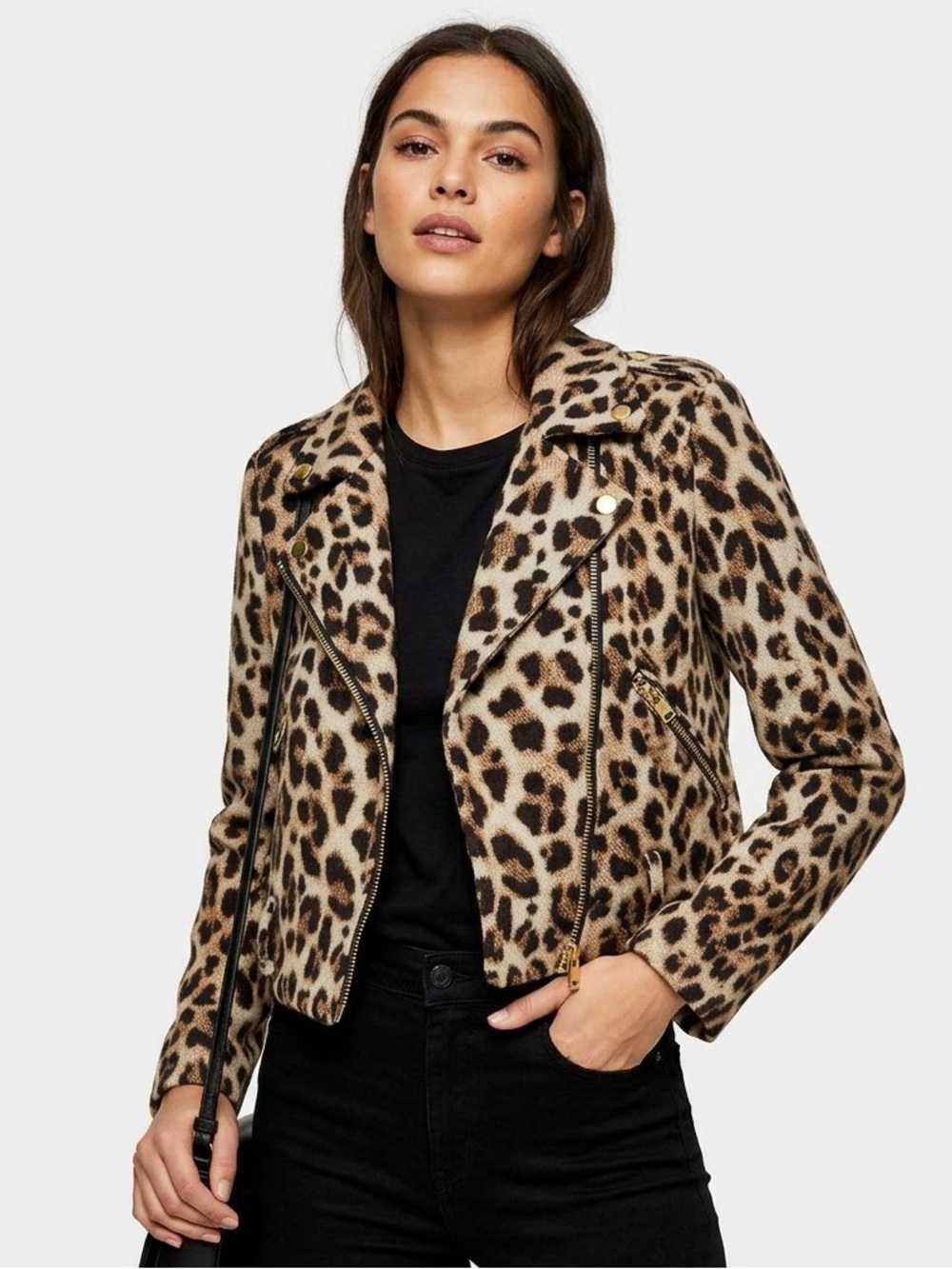 ZARA Leopard Print Moto Jacket Mob Wife Y2K Cropped Gold Zip Small